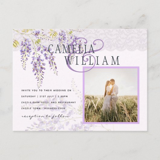 LeahG Paarse Wisteria Modern Floral Wedding Briefkaart (Voorkant)