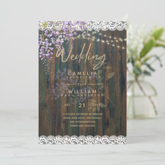 LeahG Paarse WISTERIA Rustic Lace Wedding Kaart (Staand voorkant)