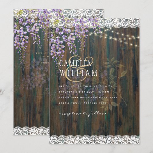 LeahG Paarse WISTERIA Rustic Lace Wedding Kaart (Voorkant / Achterkant)