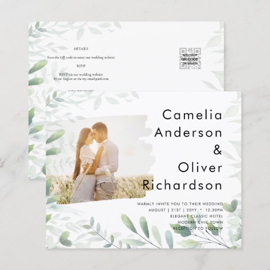 LeahG Photo Overlay GREENERY Wedding Invite (Voorkant / Achterkant)