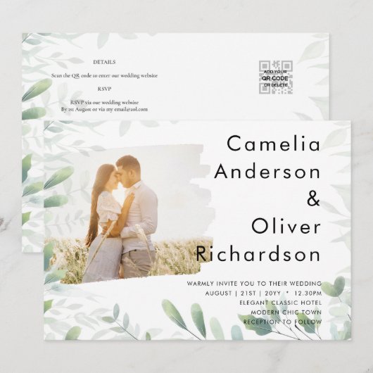 LeahG Photo Overlay GREENERY Wedding Invite Kaart (Voorkant / Achterkant)