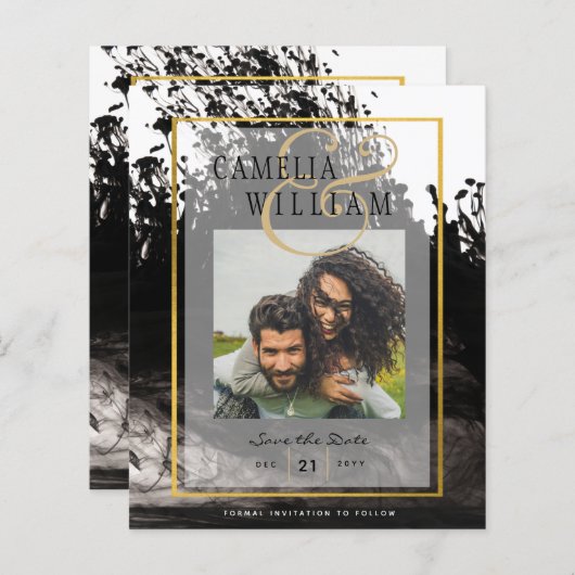 LeahG PHOTO Wedding Black Gold INK Save Date (Voorkant / Achterkant)