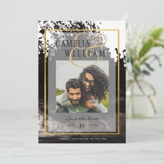 LeahG PHOTO Wedding Black Gold INK Save Date Kaart (Staand voorkant)