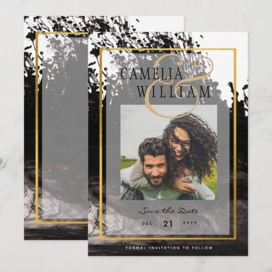 LeahG PHOTO Wedding Black Gold INK Save Date Kaart
