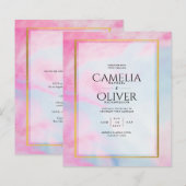 LeahG Pink Aqua Blue Gold INK Wedding INVITE (Voorkant / Achterkant)