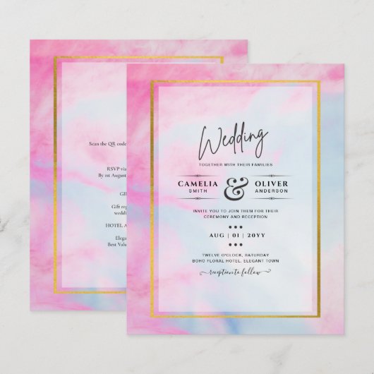 LeahG Pink Aqua Blue Gold INK Wedding INVITE (Voorkant / Achterkant)