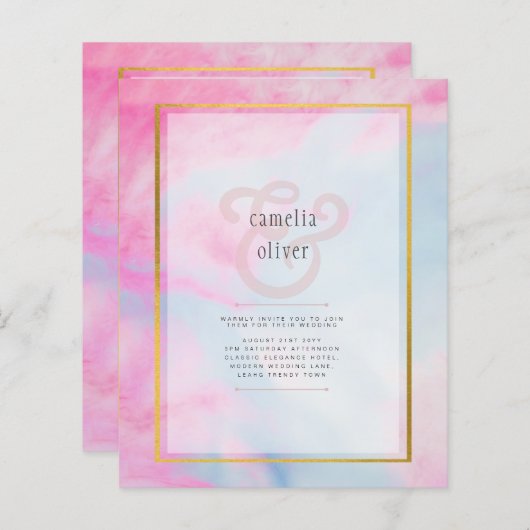 LeahG Pink Aqua Blue Gold INK Wedding INVITE (Voorkant / Achterkant)