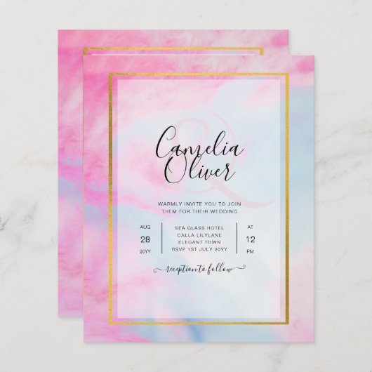 LeahG Pink Aqua Blue Gold INK Wedding INVITE (Voorkant / Achterkant)