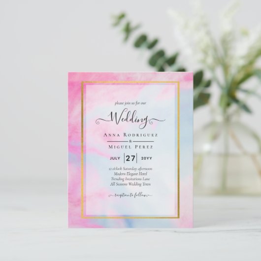 LeahG Pink Aqua Blue Gold INK Wedding INVITE (Staand voorkant)