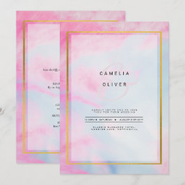 LeahG Pink Aqua Blue Gold INK Wedding INVITE Kaart