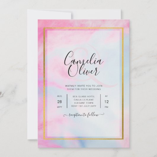 LeahG Pink Aqua Blue Gold INK Wedding INVITE Kaart (Voorkant)