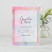 LeahG Pink Aqua Blue Gold INK Wedding INVITE Kaart (Staand voorkant)
