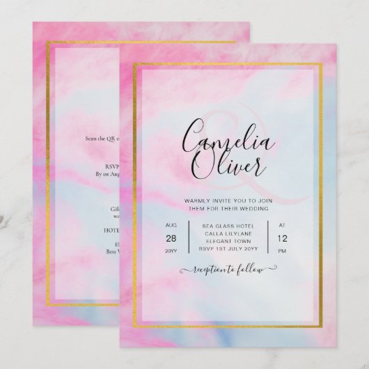 LeahG Pink Aqua Blue Gold INK Wedding INVITE Kaart (Voorkant / Achterkant)