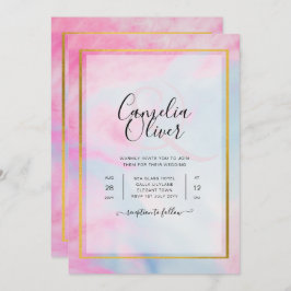 LeahG Pink Aqua Blue Gold INK Wedding INVITE Kaart