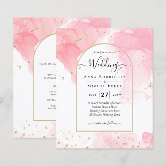 LeahG PINK GOLD INK Abstract Wedding INVITE (Voorkant / Achterkant)