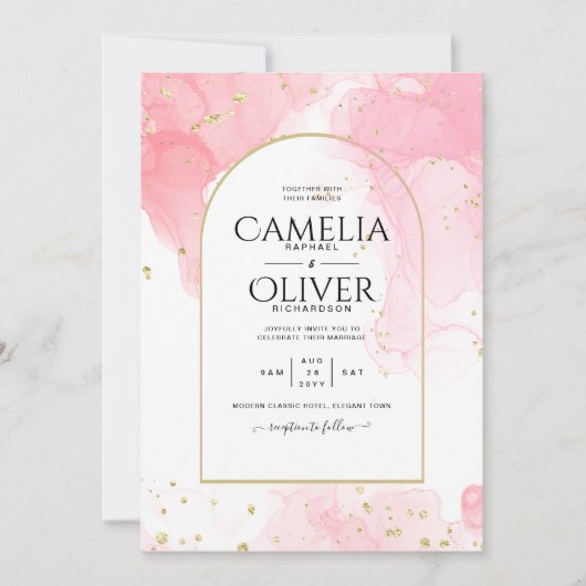 LeahG PINK GOLD INK Abstract Wedding INVITE Kaart (Voorkant)