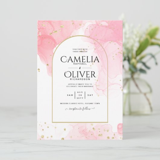 LeahG PINK GOLD INK Abstract Wedding INVITE Kaart (Staand voorkant)