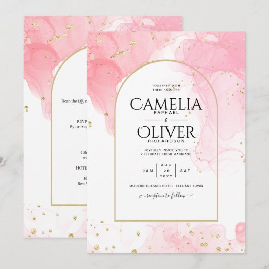 LeahG PINK GOLD INK Abstract Wedding INVITE Kaart (Voorkant / Achterkant)