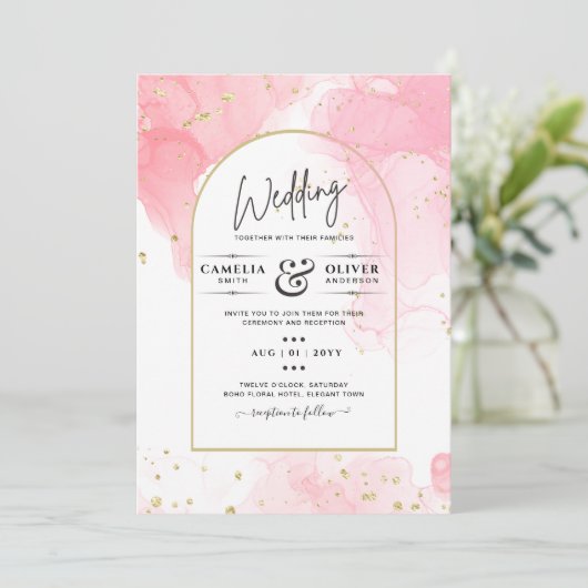 LeahG PINK GOLD INK Abstract Wedding INVITE Kaart (Staand voorkant)