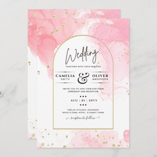 LeahG PINK GOLD INK Abstract Wedding INVITE Kaart (Voorkant / Achterkant)