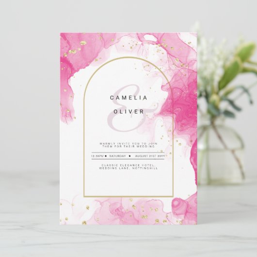 LeahG PINK GOLD INK Abstract Wedding INVITE Kaart (Staand voorkant)