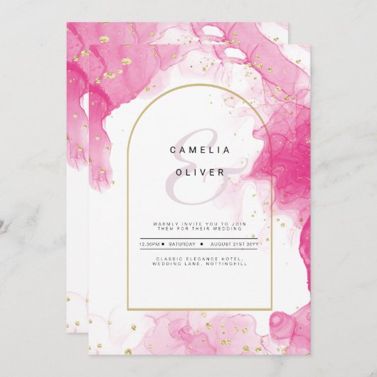 LeahG PINK GOLD INK Abstract Wedding INVITE Kaart (Voorkant / Achterkant)