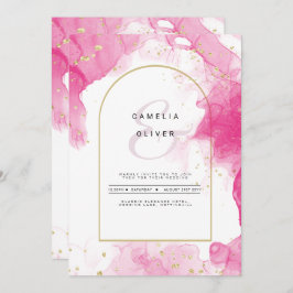 LeahG PINK GOLD INK Abstract Wedding INVITE Kaart