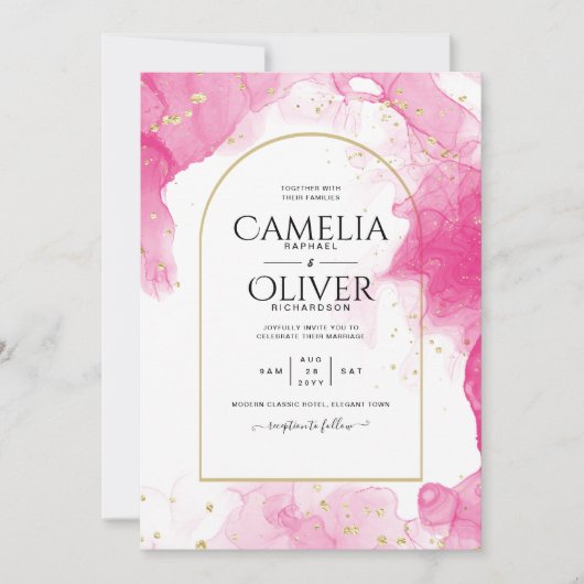 LeahG PINK GOLD INK Abstract Wedding INVITE Kaart (Voorkant)