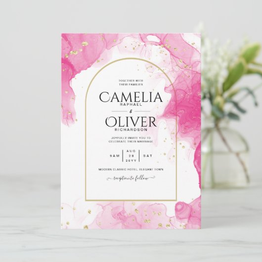 LeahG PINK GOLD INK Abstract Wedding INVITE Kaart (Staand voorkant)