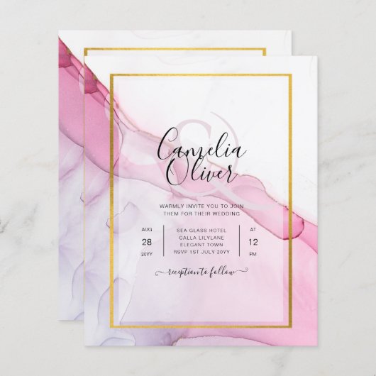 LeahG PINK Paarse Ink Abstract Wedding INVITE (Voorkant / Achterkant)
