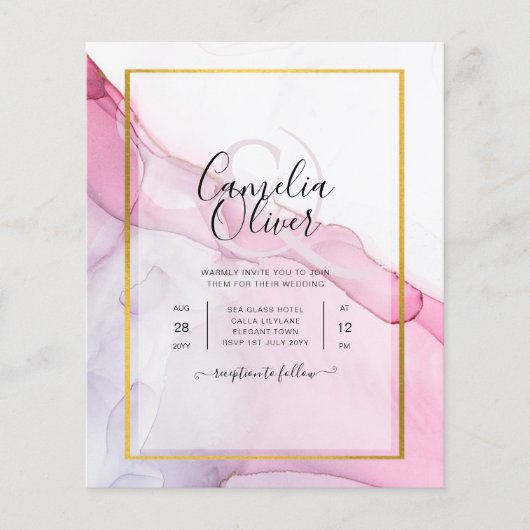 LeahG PINK Paarse Ink Abstract Wedding INVITE (Voorkant)