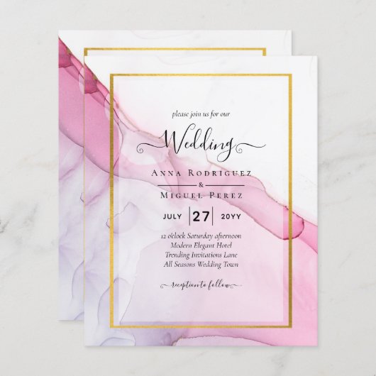 LeahG PINK Paarse Ink Abstract Wedding INVITE (Voorkant / Achterkant)