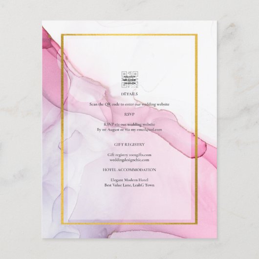 LeahG PINK Paarse Ink Abstract Wedding INVITE (Achterkant)