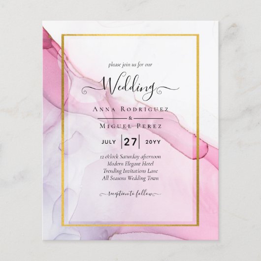 LeahG PINK Paarse Ink Abstract Wedding INVITE (Voorkant)