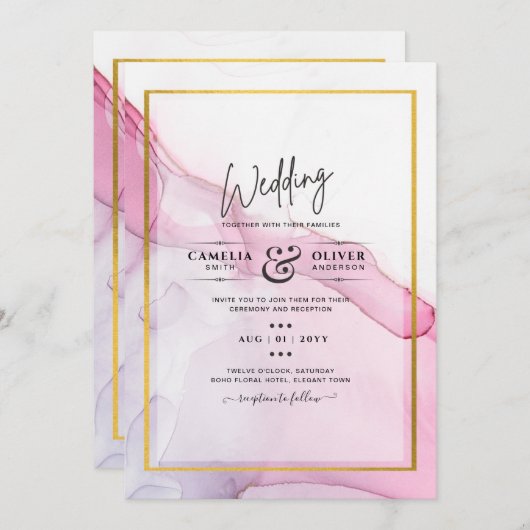 LeahG PINK Paarse Ink Abstract Wedding INVITE Kaart (Voorkant / Achterkant)