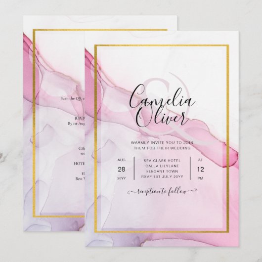 LeahG PINK Paarse Ink Abstract Wedding INVITE Kaart (Voorkant / Achterkant)