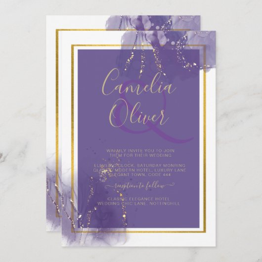 LeahG PURPER GOUD Trouw Lavendel ALCOHOL INKT Kaart (Voorkant / Achterkant)