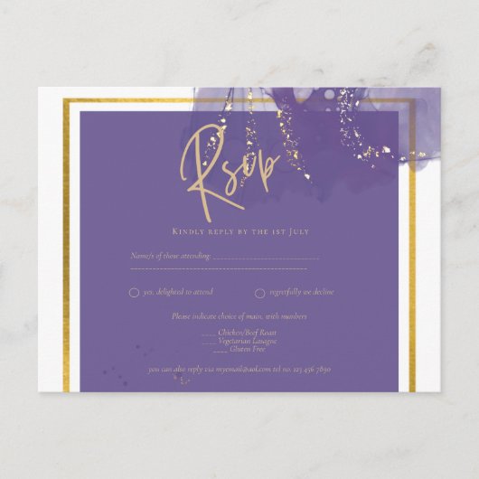 LeahG PURPER GOUD Trouw Lavendel INKT RSVP Briefkaart (Voorkant)