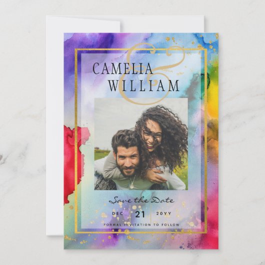 LeahG Rainbow Pride Ink PHOTO Wedding Save Date Kaart (Voorkant)
