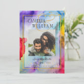 LeahG Rainbow Pride Ink PHOTO Wedding Save Date Kaart (Staand voorkant)