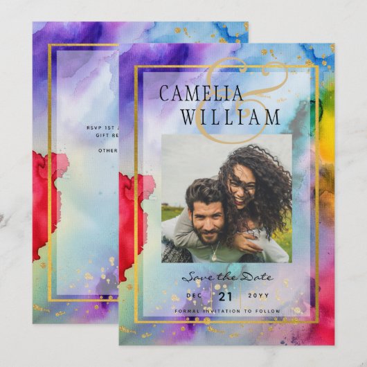 LeahG Rainbow Pride Ink PHOTO Wedding Save Date Kaart (Voorkant / Achterkant)