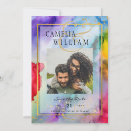 LeahG Rainbow Pride Ink PHOTO Wedding Save Date Kaart