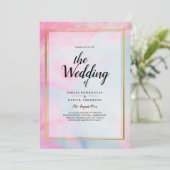 LeahG Roze Aqua Blauw Goud INK Trouw UITNODIGING (Staand voorkant)