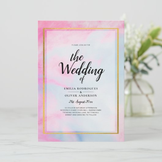 LeahG Roze Aqua Blauw Goud INK Trouw UITNODIGING (Staand voorkant)