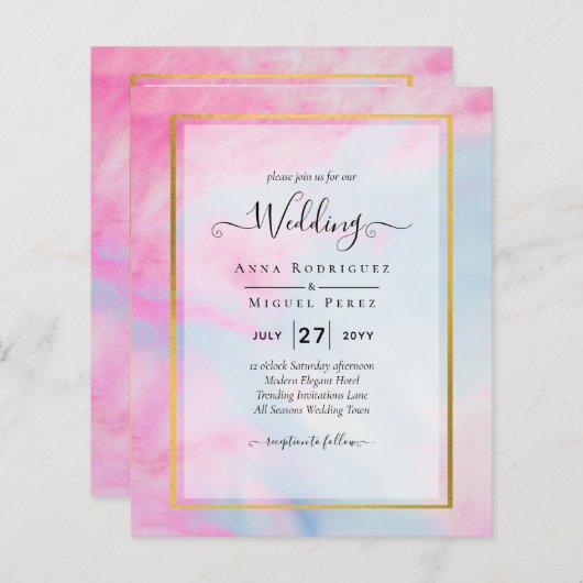 LeahG Roze Aqua Blauw Goud INK Trouw UITNODIGING (Voorkant / Achterkant)