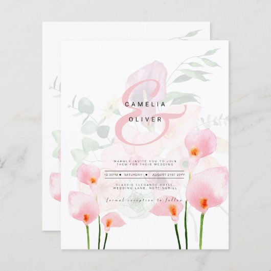 LeahG Roze Calla Lily Floral Wedding Invite (Voorkant / Achterkant)