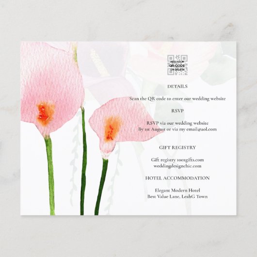 LeahG Roze Calla Lily Floral Wedding Invite (Achterkant)