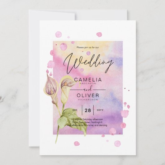 LeahG Roze Calla Lily Floral Wedding Invite allin1 Kaart (Voorkant)