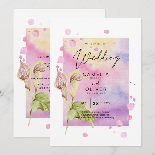 LeahG Roze Calla Lily Floral Wedding Invite allin1 Kaart (Voorkant / Achterkant)