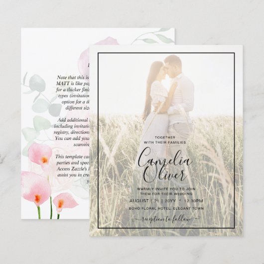 LeahG Roze Calla Lily Foto Overlay Wedding Invite (Voorkant / Achterkant)